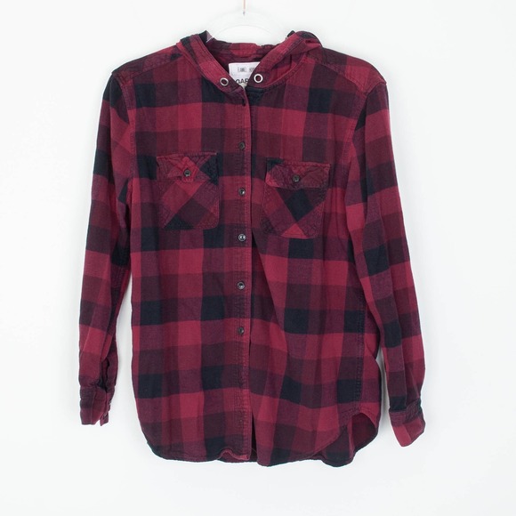 Garage Tops - Garage Womens Medium Flannel Hoodie Long Sleeve Plaid Button Up Shirt Streetwear